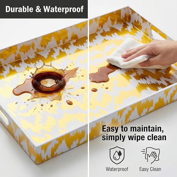 Decorative Serving Tray with Handles - 16" x 12" Large Rectangle Coffee Table Decor - Modern Gold Aesthetic Vanity Tray for Ottoman, Bedroom & Bathroom