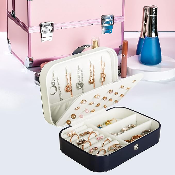 Hatori Travel Jewelry Box, PU Leather Small Jewelry Organizer for Women Girls, Double Layer Portable Mini Travel Case Display Storage Holder Boxes for Stud Earrings, Rings (Blue)