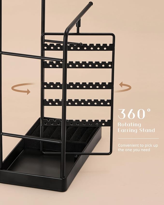 ProCase Jewelry Stand Holder Organizer and Storage, Black (No-Assembly) | Rotating Earring Bracelet Holder Storage, Hanging Jewelry Display Velvet Ring Tray, Teen Girls Birthday Gifts Room Dorm Decor