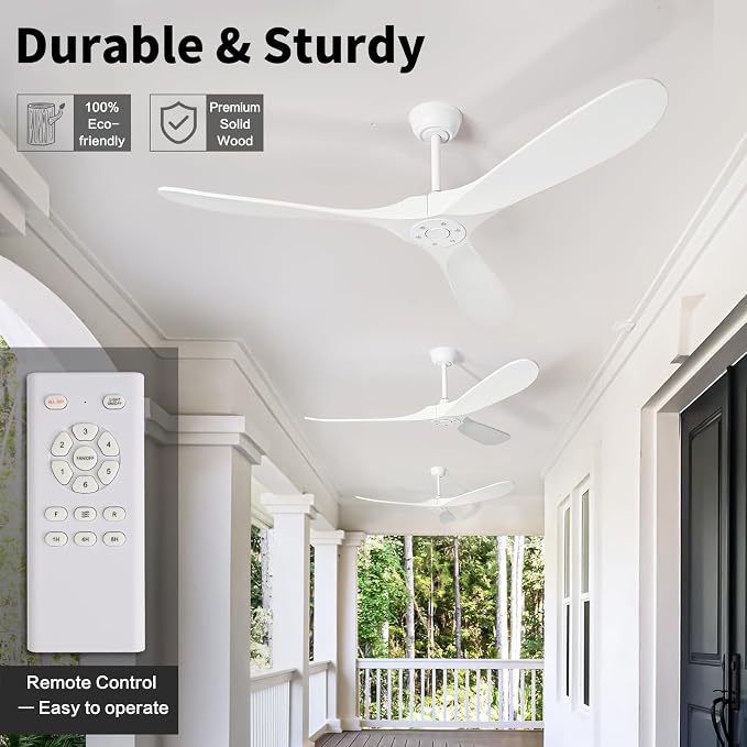 52 Inch White Ceiling Fan No Light ，Wood Outdoor Ceiling Fans for Patios Living Room Bedroom Dc Reversible Modern Ceiling Fan Without Light with Remote Control