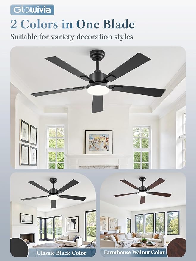 52 Inch Ceiling Fans with Lights and Remote&APP Control, Black Smart Ceiling Fan with 3000-6000K Dimmable, 6 Speeds Quiet Reversible Motor, Indoor/Outdoor Ceiling Fan for Bedroom Living Room