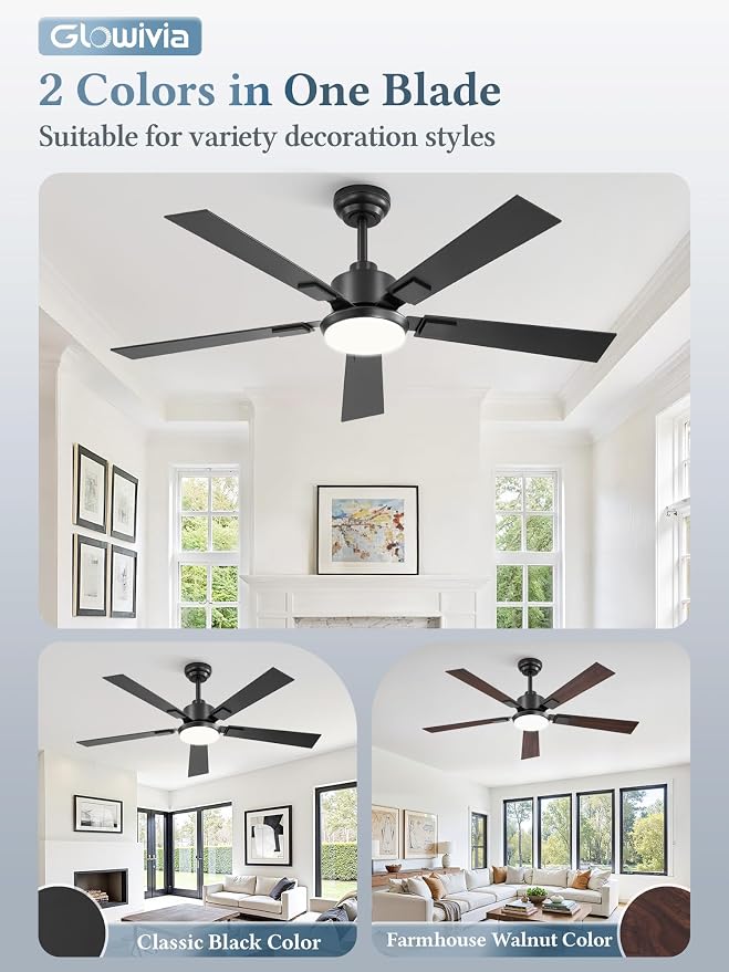 2 Pack 52 Inch Ceiling Fans with Lights and Remote&APP Control, Black Smart Ceiling Fan with 3000-6000K Dimmable, 6 Speeds Reversible, Indoor/Outdoor Ceiling Fan for Bedroom Living Room