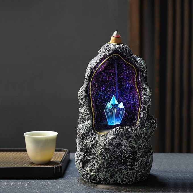 LED Backflow Incense Burner Waterfall Incense Holder Resin Aroma Ornaments Indoor Night Light for Home Office