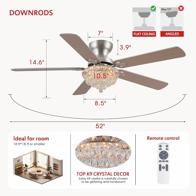 GJeg Crystal Ceiling Fan Fandelier with Lights-Ceiling Fans with Remote Control,Modern Ceiling Fan with Noiseless DC Reversible Motor,Dining Room,Living Room(52" Nickel)