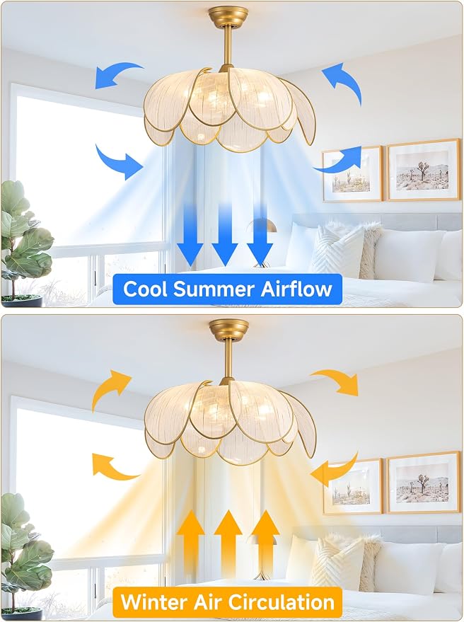 26" Flower Ceiling Fans with Lights and Remote Control,Boho Gold Chandelier Fan with 6 Speeds, Modern Fandelier for Kitchen Island,Dining Room,Living Room,Nursery
