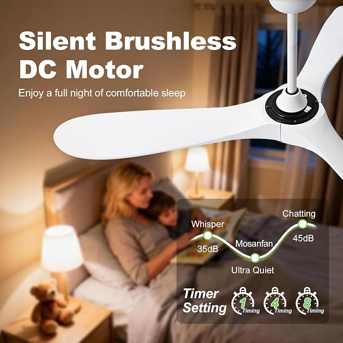 60 Inch Ceiling Fans with Lights and Remote, Wood Outdoor Ceiling Fan with 6 Speed Noiseless DC Motor, Indoor Modern 3 Blade Propeller Ceiling Fan for Bedroom Living Room Gazebo Patio (White)