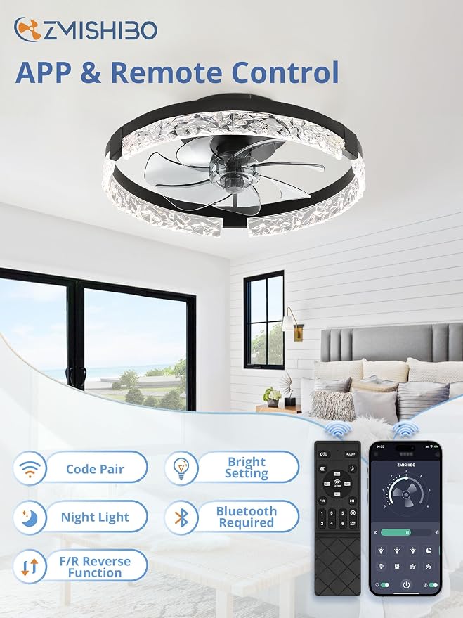 ZMISHIBO Ceiling Fans with Lights and Remote, 18 Inch Flush Mount Fan Light, 6 Speeds, 3CCT, Dimmable, Low Profile Ceiling Fan, Modern Ceiling Fan with Light for Bedroom and Living Room, Black