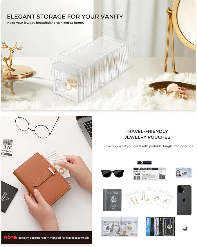 HOMEHIVE Clear Acrylic Jewelry Organizer Box with 20 Portable Pouches, Jewelry Storage Case for Women Girls, Tangle-Free, Anti-Tarnish, Compact Storage for Necklaces/Earrings/Rings, Upgraded Clear