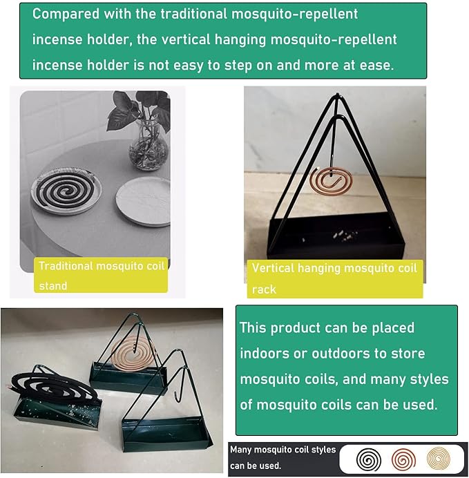 2 Pack Coil Incense Burner Mosquito Coils Holder Full Metal Triangular Hanging Coil Tray Ash Catcher Storage Bracket Coil Vertical Stand Support Base for for Indoor Outdoor Camping