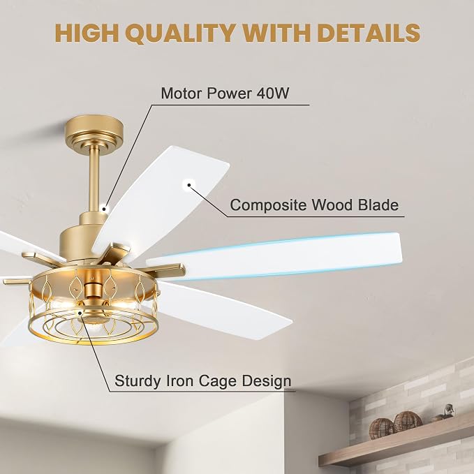Dawn Whisper 60 Inch Ceiling Fans with Lights White and Gold Farmhouse Ceiling Fan for Bedroom Living Room Quiet and Reversible DC Motor Caged Chandelier Fan