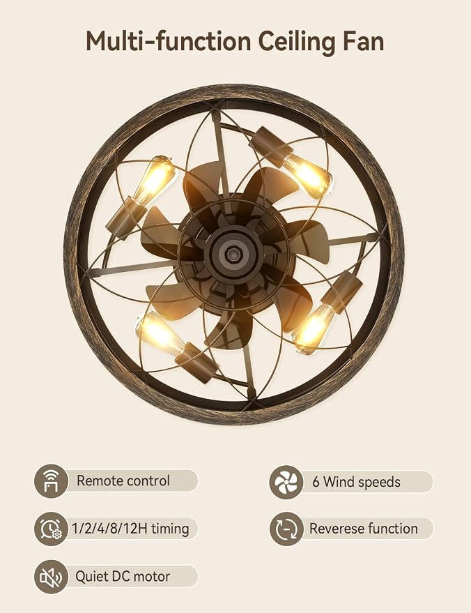 AKOFUN 20" Cage Ceiling Fan with Light and Remote, Low Profile Flush Mount Fan, 6 Speed Reversible DC Motor, 1/2/4/8/12H Timer, Bladeless Fandelier Rustic Farmhouse Light for Bedroom Living Room Patio