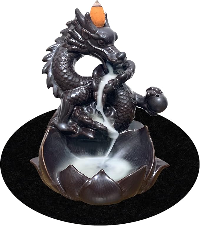 Dragon Backflow Incense Burner Waterfall Incense Holder Aromatherapy Ornament Handmade Ceramics Gift Home Decor, with 10 Backflow Incense Cones for Waterfall Burner