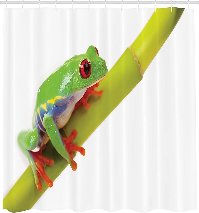 Ambesonne Animal Shower Curtain, Little Tree Frog Sitting on The Branch Native Animals in American Wilds, Cloth Fabric Bathroom Decor Set with Hooks, 69" W x 75" L, Green White Red