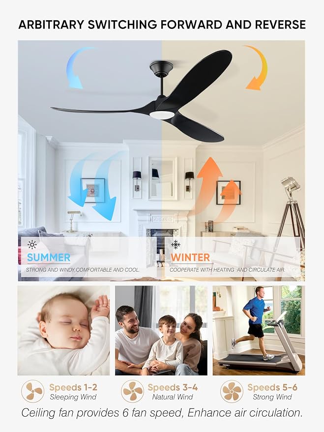 70 inch Black Outdoor Ceiling Fan with Light, Large Solid Wooden Damp Rated Ceiling Fan, DC Motor, 3CCT, Super quiet, Modern Propeller Ceiling Fan for Patios Porch Exterior Indoor