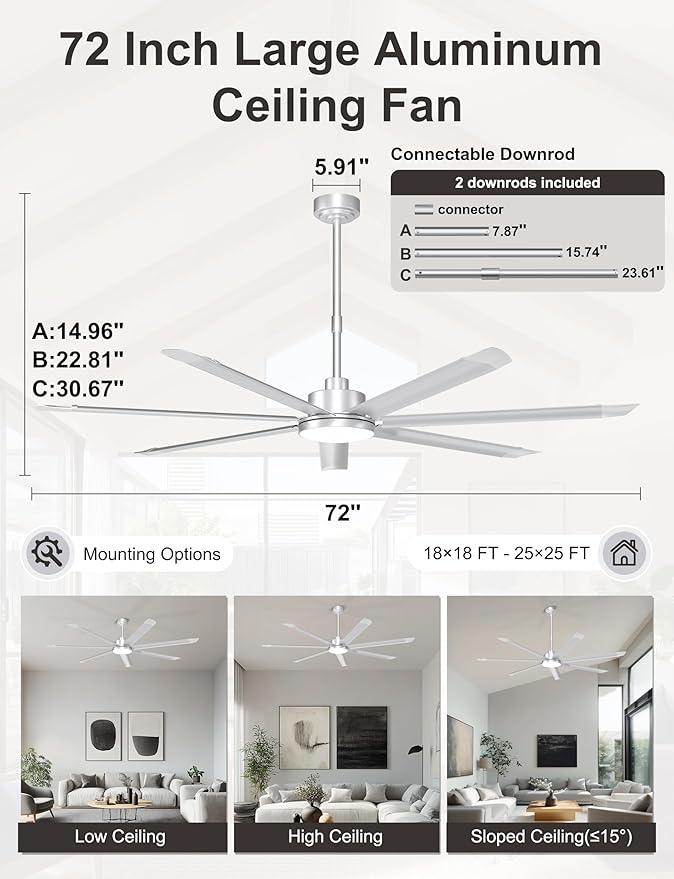 Ohniyou 72'' Industrial Ceiling Fan with Light for Patio, Garage, Silver | 8000 CFM Airflow, 35dB DC Motor, 7 Aluminum Blades, 3CCT Dimming, Remote/APP Control, Covered Outdoor Metal Fan