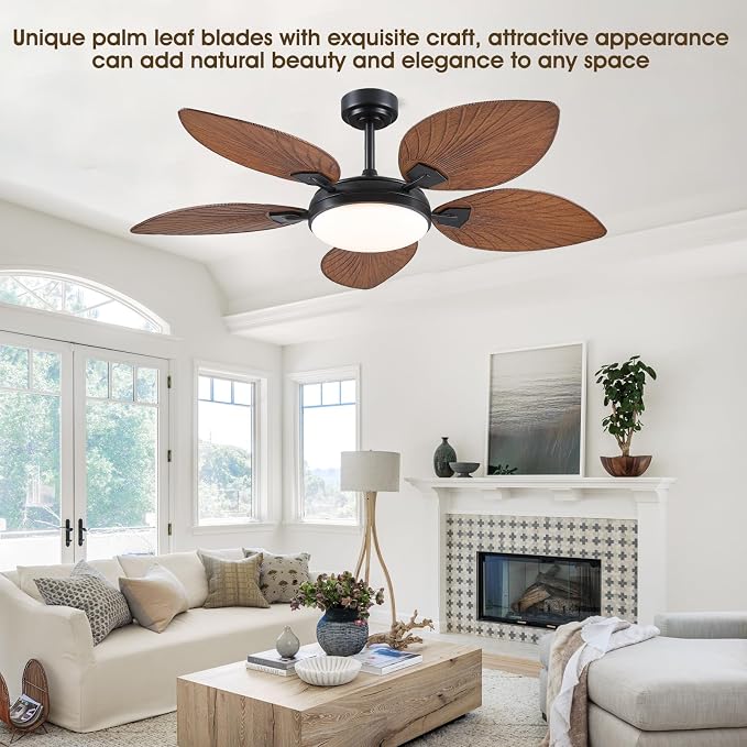 52"Tropical Outdoor Palm Leaf Ceiling Fans with Lights and Remote/APP | 5 Double-Sided Blades, 6 Wind Speeds, Reversible, Dimmable 3CCT LED, 50W Quiet DC Motor,Suits for Living Room Bedroom Patio