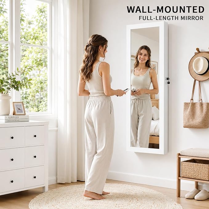 Over the Door Jewelry Organizer, Wall Mounted Jewelry Cabinet, Hanging Mirror with Storage Box, Wall/Door Mounted Full Length Mirror with LED