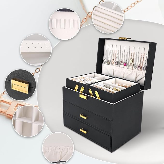Dajasan Jewelry Organizer Box, Large Jewelry Boxes for Women Girls, Space-Saving 4 Layers Jewelry Storage Case with Drawer, Movable Metal Stand, Modern, Gift Idea (Black + Gold)