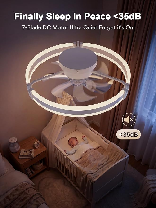 Bladeless Ceiling Fan with Light, 20 Inch Low Profile Flush Mount Fan White | Modern Small Ceiling Fan with Dimmable Light, 6 Speeds, Reversible Airflow, App and Remote Control for Dedroom Liveroom