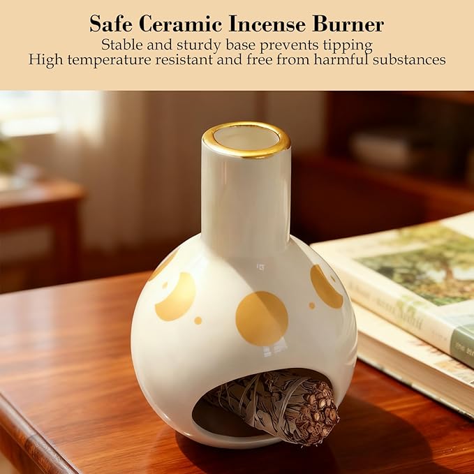 Incense Burner Holder for Palo Santo Sticks,Sage,Cone Incense,Handcrafted Ceramic Ash Catcher Smudge Bowl for Yoga Meditation Moon Room Décor and Energy Cleansing,White