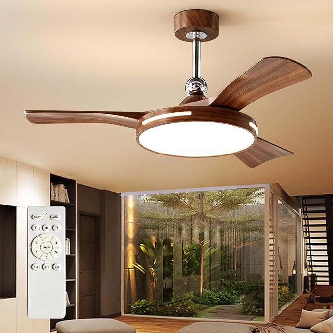 Ceiling Fans with Lights and Remote: 42-Inch Ceiling Fan 3 Blades Round Low Profile Outdoor - Walnut Ceiling Fans with Remote Control Chrome Rod Quiet Reversible DC Motor for Living Room