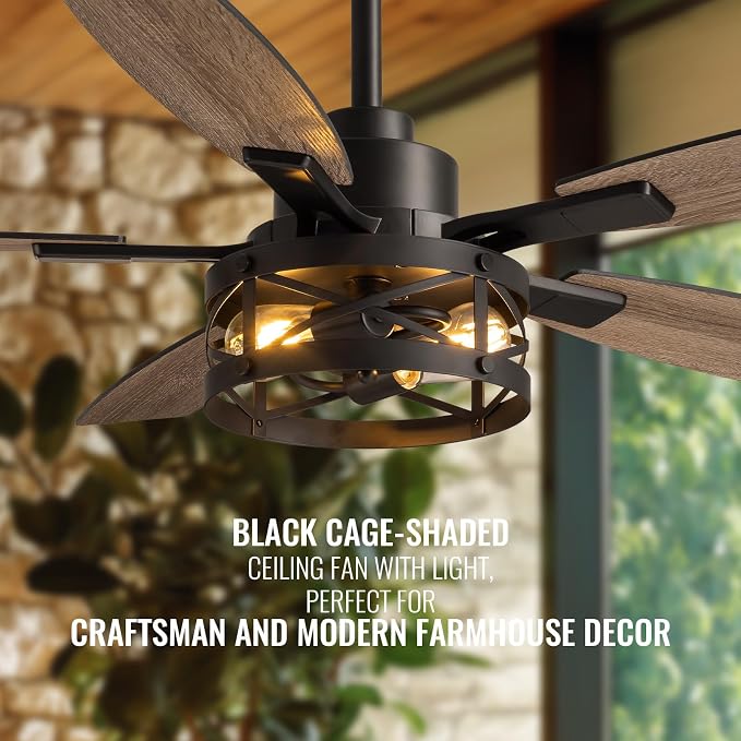 52 Inch Ceiling Fan with Light and Remote Control, Farmhouse Ceiling Fan with LED Lighting for Bedroom Living Room and Patio, Black Caged Ceiling Fan for Indoor and Outdoor(NO Bulbs)