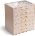VLANDO 6-Drawer Jewelry Box with Glass Lid, Faux Leather Organizer for Rings Earrings Necklaces and More, Gift-Ready Jewelry Case for Women Girls or Moms, Latte