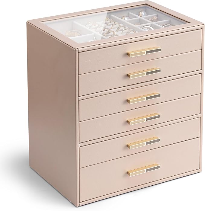 VLANDO 6-Drawer Jewelry Box with Glass Lid, Faux Leather Organizer for Rings Earrings Necklaces and More, Gift-Ready Jewelry Case for Women Girls or Moms, Latte