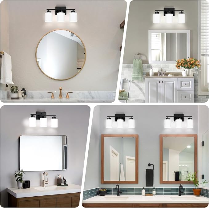 FonmYim Black Bathroom Light Fixtures, 3-Light Modern Vanity Light Over Mirror, Wall Sconces with Milky White Frosted Glass Shades, E26 Socket (Bulbs Not Included)