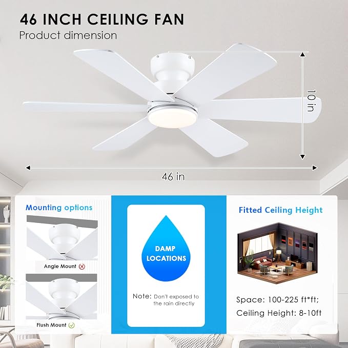BayDay 46 inch Ceiling Fans with Lights, Ceiling Fan with Remote APP, Dual-Sided Modern/Rustic 6 Blades, Reversible, 3CCT, Flush Mount Low Profile Ceiling Fan with Lights Bedroom Kitchen Indoor White