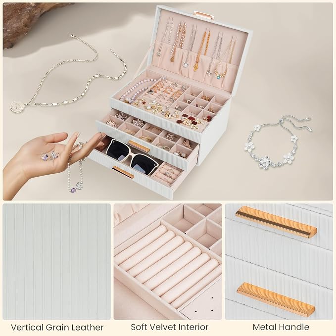 Dajasan Jewelry Box Organizer, 3-Tier Large Jewelry Storage Organizer with 2 Drawers, Space-Saving Jewelry Boxes for Women, PU Leather Surface with Texture, Gift Idea, Modern Style (White)