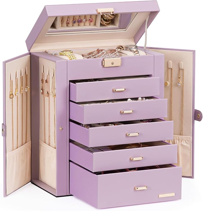 Homde Jewelry Box Large for Women: 6 Layers 5 Drawers Organizer with Mirror for Ring Earring Necklace - Storage Holder with Lock for Dresser (Gray Purple)