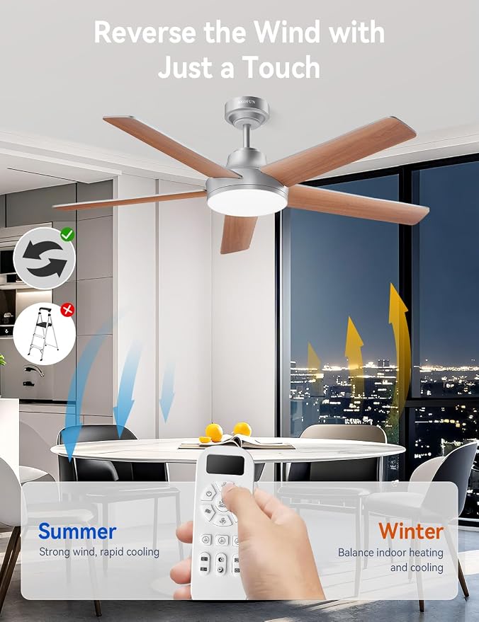 AKOFUN Ceiling Fans with Lights and Remote, Low Profile Ceiling Fan with Light, 6 Speed, Dimmable, DC Motor, Quiet, Timer, Modern LED Ceiling Fan for Bedroom Living Room 52 inch, Silver