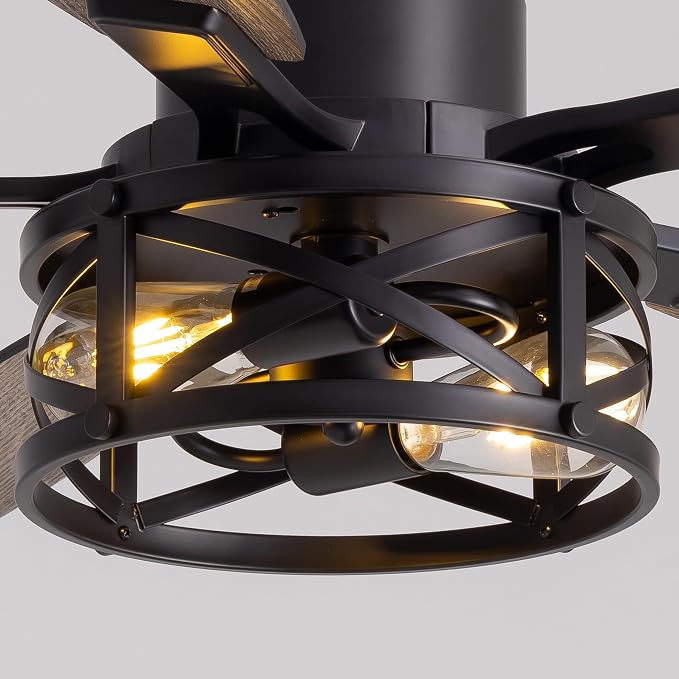 50 Inch Flush Mount Black Caged Ceiling Fan with Lights, Low Profile Farmhouse Ceiling Fan for Bedroom Living Room and Patio, Ceiling Fans and Remote Control for Indoor and Outdoor
