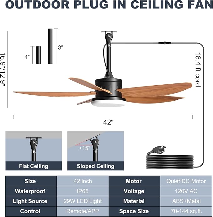 Outdoor Ceiling Fan with Lights, 42 Inch Plug in Gazebo Fans with Remote APP Control, Quiet DC Motor, Dimmable 3CCT, Waterproof Hanging Fans for Patios, Porch, Wood Color