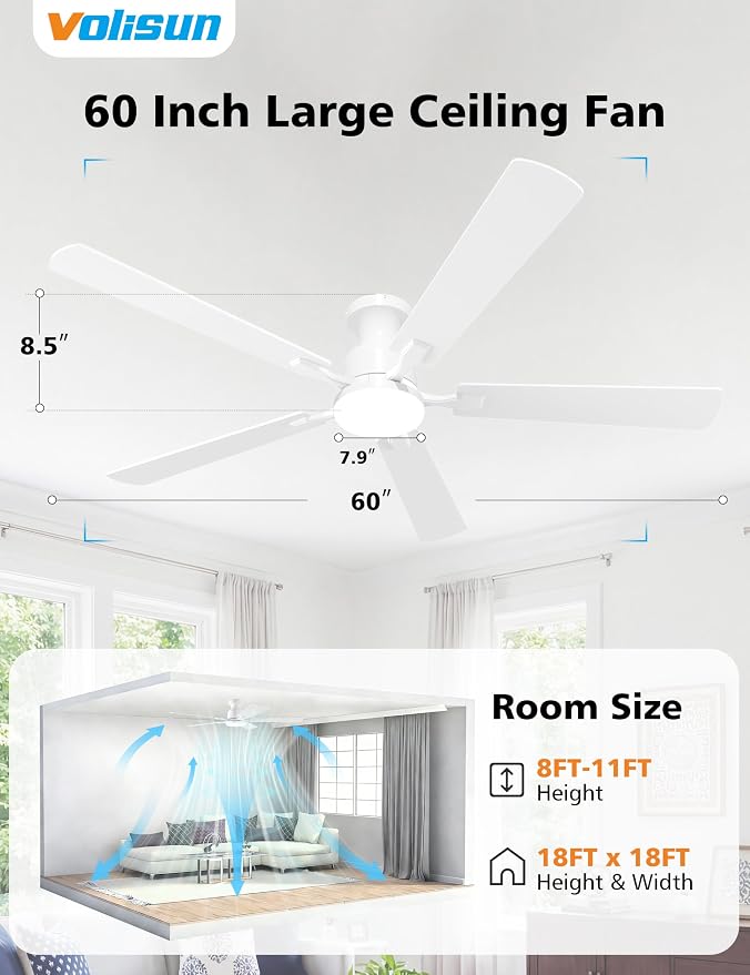 VOLISUN 60 Inch Ceiling Fan with Lights Flush Mount, Low Profile Ceiling Fans with Lights, Remote&APP Control,Dimmable 22W LED Light,Queit&Reversible Fan, White Ceilings Fans for Bedroom, Living Room