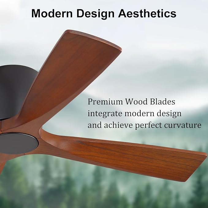 WINGBO 48 Inch Ceiling Fan Without Light, Solid Wood Flush Mount Ceiling Fan with Remote Control, Reversible DC Motor, 4 Blades,6-Speed Quiet Performance, for Bedroom & Living Room, Matte Black+Walnut