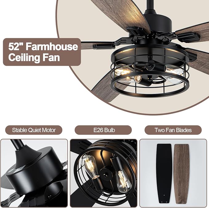 52 Inch Farmhouse Ceiling Fan with Light and Remote Black Industrial Ceiling Fan Quiet and Reversible DC Motor Rustic Caged Chandelier Fan for Living Room Bedroom Patio