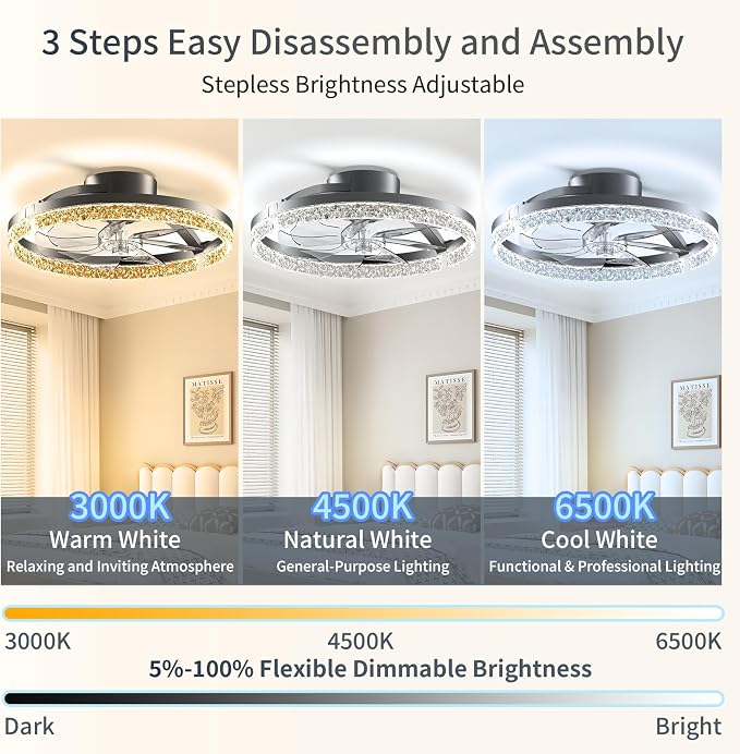 Ceiling Fans with Lights and Remote, 20" Low Profile Flush Mount Ceiling Fan, 3000-6500K Dimmable LED Fandelier, 6 Quiet Speeds for Bedroom