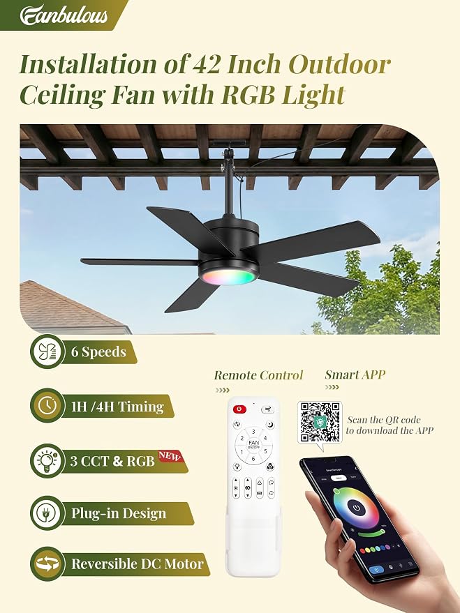 Fanbulous 42" Outdoor Ceiling Fans with Lights, APP Remote Control, IP65 Waterproof, RGB Dimmable Light, Plug-and Play,10FT Cord, 6-Speeds, 3CCT, Hook Hanging Fan for Gazebo Patio Porch Canopy(Black)