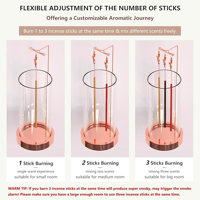 Incense Holder Ash Catcher - Upside Down Glass Incense Holder for Sticks, Reverse Inverted Anti Ash No Mess Insence-Stick Holder, Modern Metal Decorative Vertical Incense Burner, Rose Gold