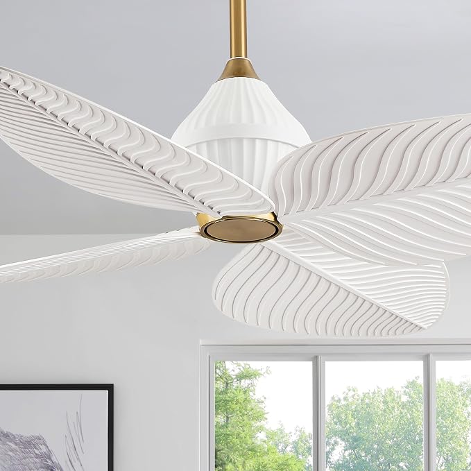 52" Tropical Ceiling Fans, Flush Mount Palm Leaf Ceiling Fan no Light, Indoor Ceiling Fans Without Light for Living Room Bedroom Kitchen Covered Gazebo, APP and Remote Control-White Gold