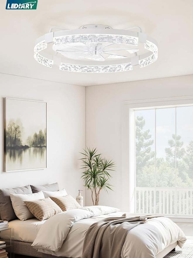LEDIARY 24 Inch Low Profile Ceiling Fans with Lights and Remote, Flush Mount Fandelier Ceiling Fan, 3000K-6000K Dimmable LED Fan Light, White Modern Ceiling Fans with Lights for Bedroom