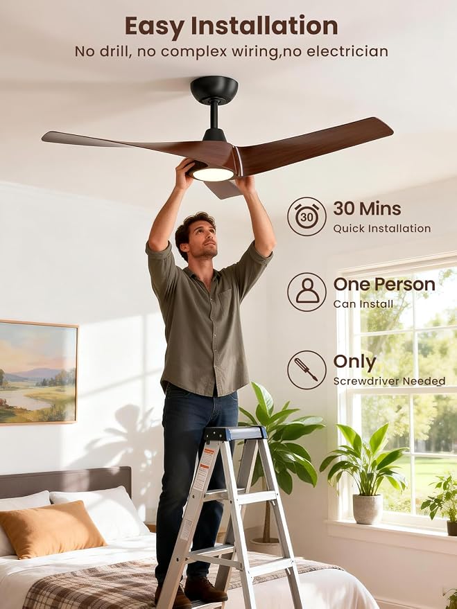TALOYA 52 inch Modern Ceiling fan with Light, 3 Blades Ceiling Fans with Lights and remote, 3000K-6500K, Dimmable, Quiet, Outdoor Ceiling fan For Living Room, Bedroom, Patio, Farmhouse, Dark Walmut