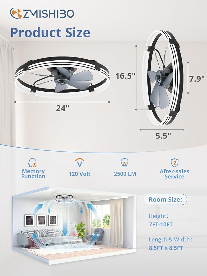 ZMISHIBO 24 Inch Low Profile Ceiling Fans with Lights and Remote, 3000K-6000K Dimmable Fandelier LED Fan Light, Flush Mount Ceiling Fan with Light, 6 Wind Speeds Ceiling Fans for Bedroom- Black