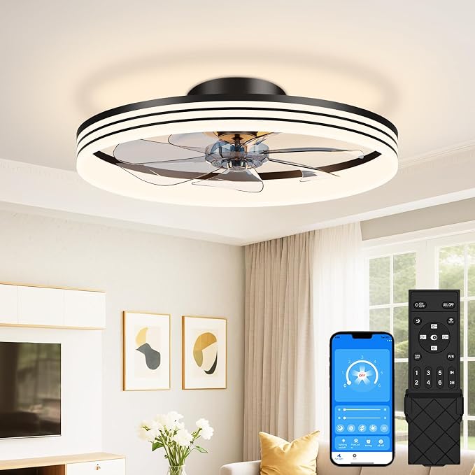 VOLISUN Low Profile Ceiling Fans with Lights and Remote, No Assembly, 20in Flush Mount Ceiling Fan with Light, 3000K-6500K Dimmable Fandelier LED Fan Light, White Bladeless Ceiling Fans for Bedroom