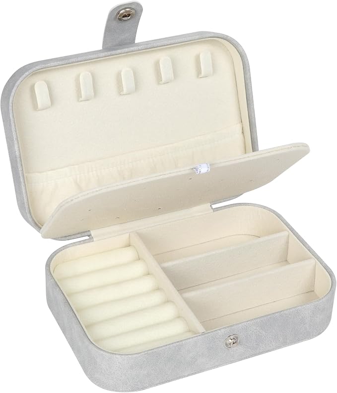 Hatori Travel Jewelry Box, PU Leather Small Jewelry Organizer for Women Girls, Double Layer Portable Mini Travel Case Display Storage Holder Boxes for Stud Earrings, Rings (Grey)
