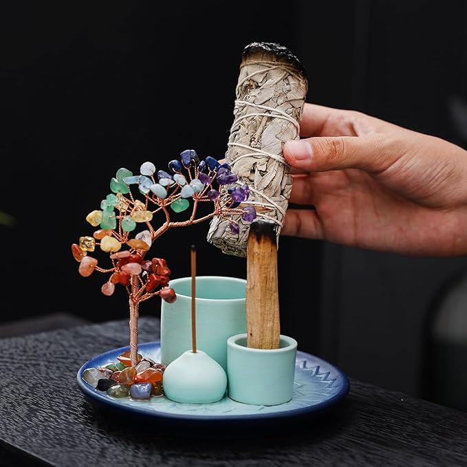 5 in 1 Incense Burner Holder with Crystal Tree for Burning Palo Santo Stick, Sage, Incense Sticks, Candle, Ceramic Tray Ash Catcher, Meditation Gift (Sky-Blue)