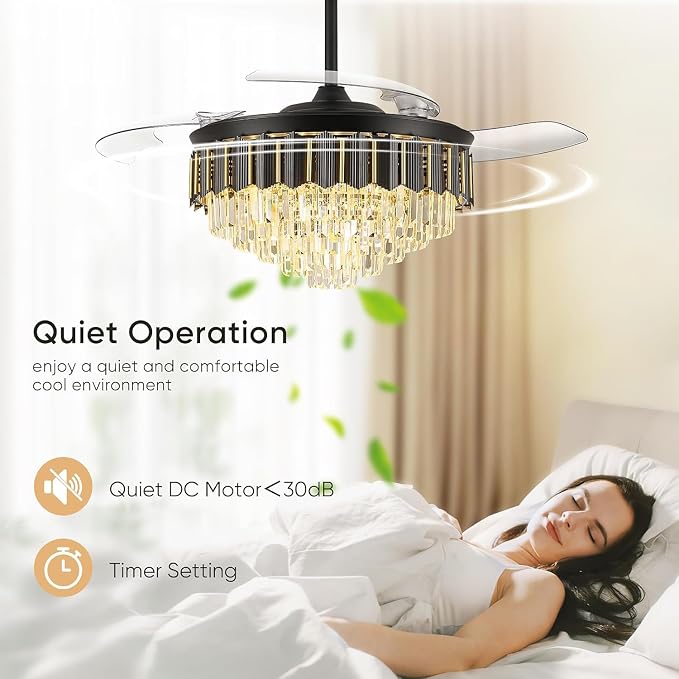 48 Inch Fandelier Ceiling Fan with Light, Chandelier Ceiling Fan for Bedroom Living Room, LED Dimmable, 6-Speed Reversible Motor, Timer & Memory Function-Black
