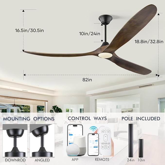 82 inch Large Ceiling Fans with Lights, Damp Rated Outdoor Ceiling Fan for Patios, 3 Wooden Propeller Blades, High CFM Smart Fan with Remote & APP & Alexa Control for Indoor Exterior Commercial
